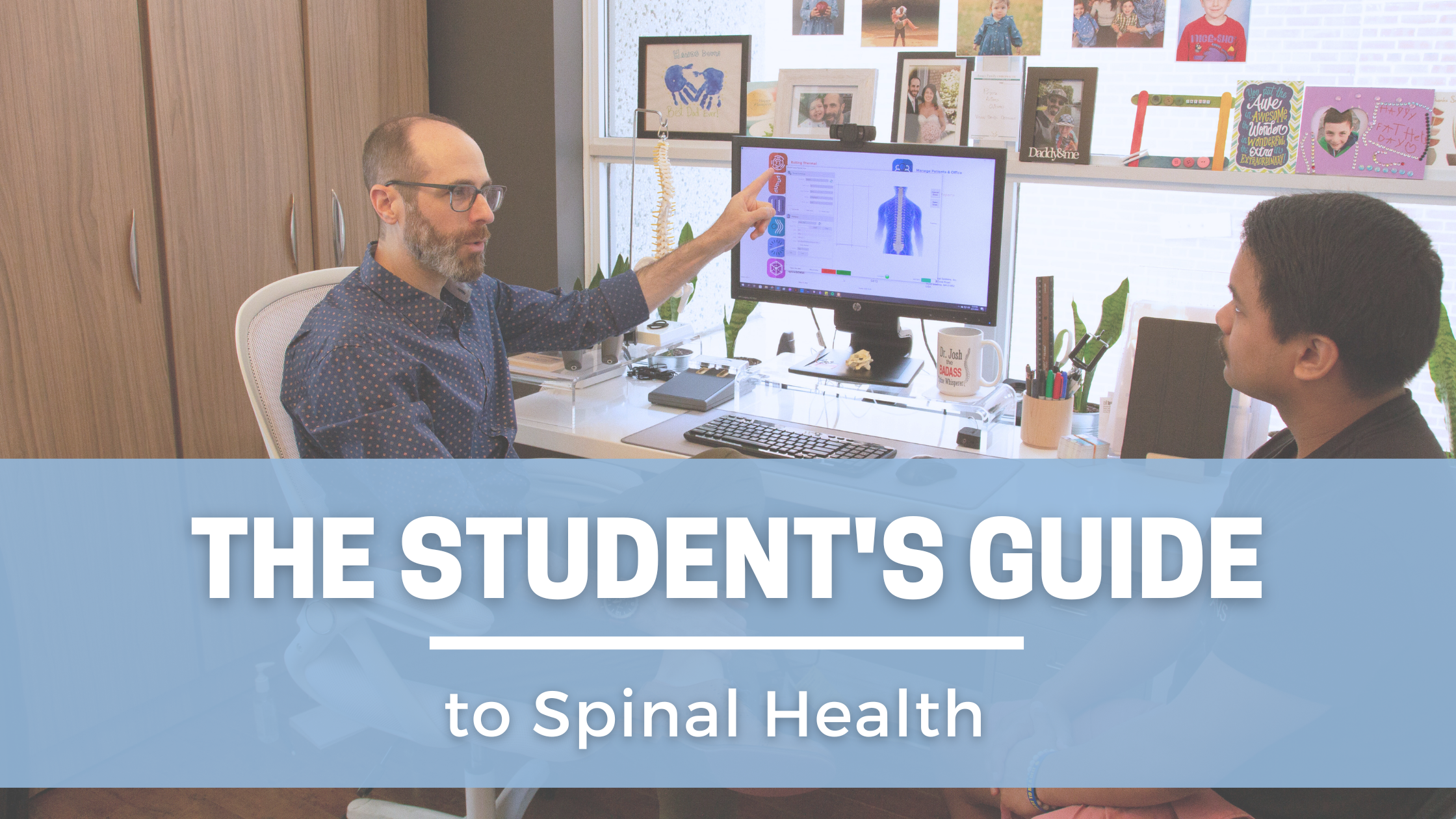 man, dr joshua gelber, pointing to computer screen with scans. white words on a blue background The Student's Guide to Spinal Health: Balancing Study and Wellness at the University of Toronto